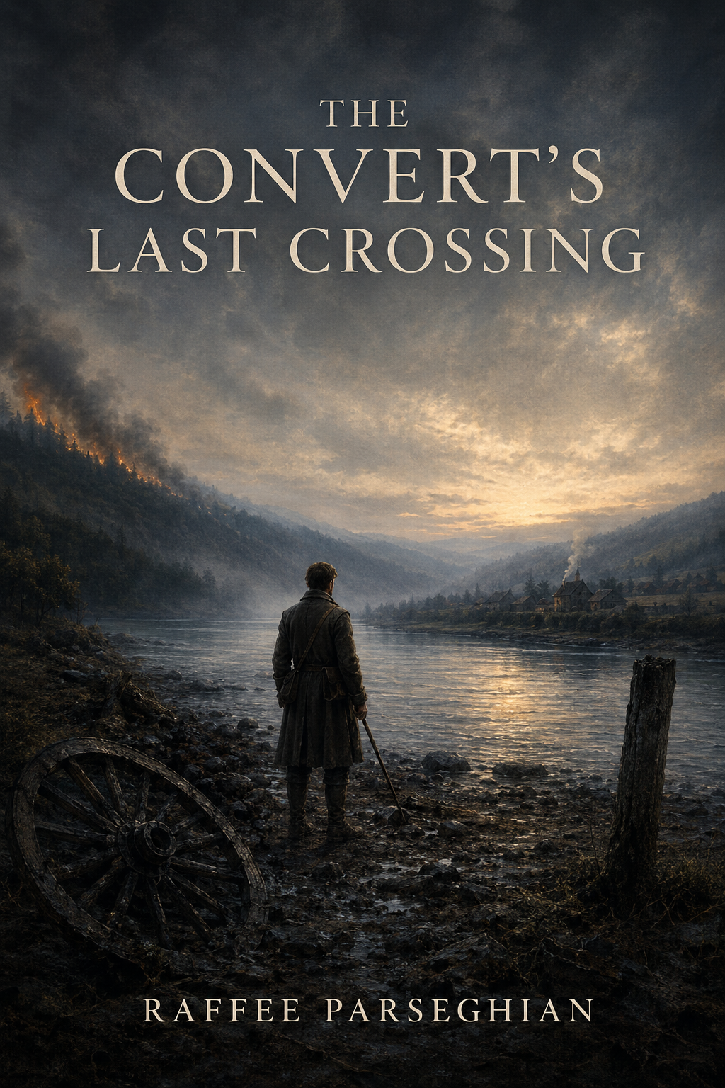 The Convert’s Last Crossing by Raffee Parseghian — book cover showing a traveller beside a river beneath a stormy sky
